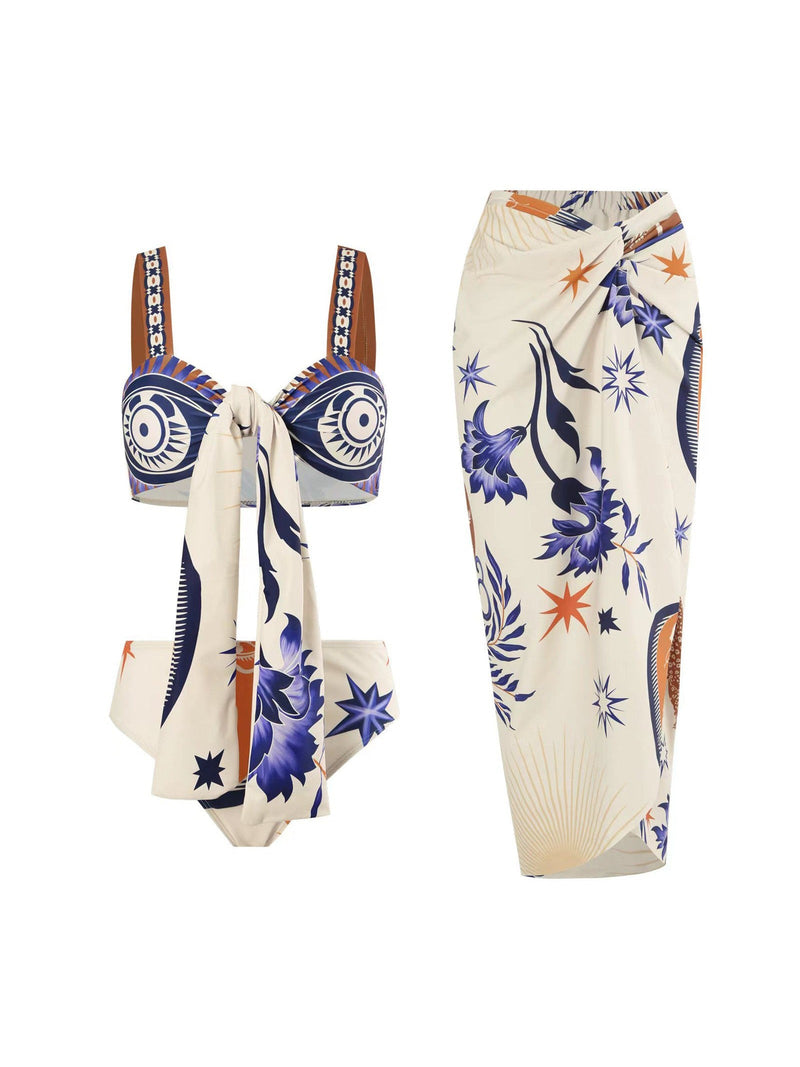 Print Lace Up Bikini & Short Swimsuit Set With Skirt