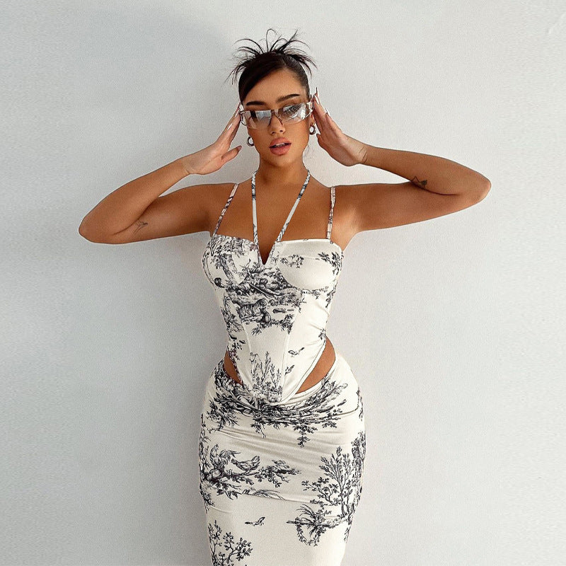 Summer Retro Printed Skirt Two-piece Set Set Corset