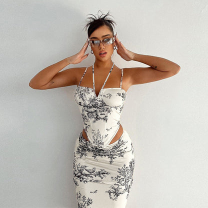 Summer Retro Printed Skirt Two-piece Set Set Corset