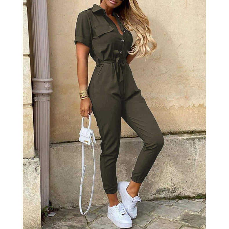 Clothing Trousers Collared Button Printed Belt Cargo Overalls