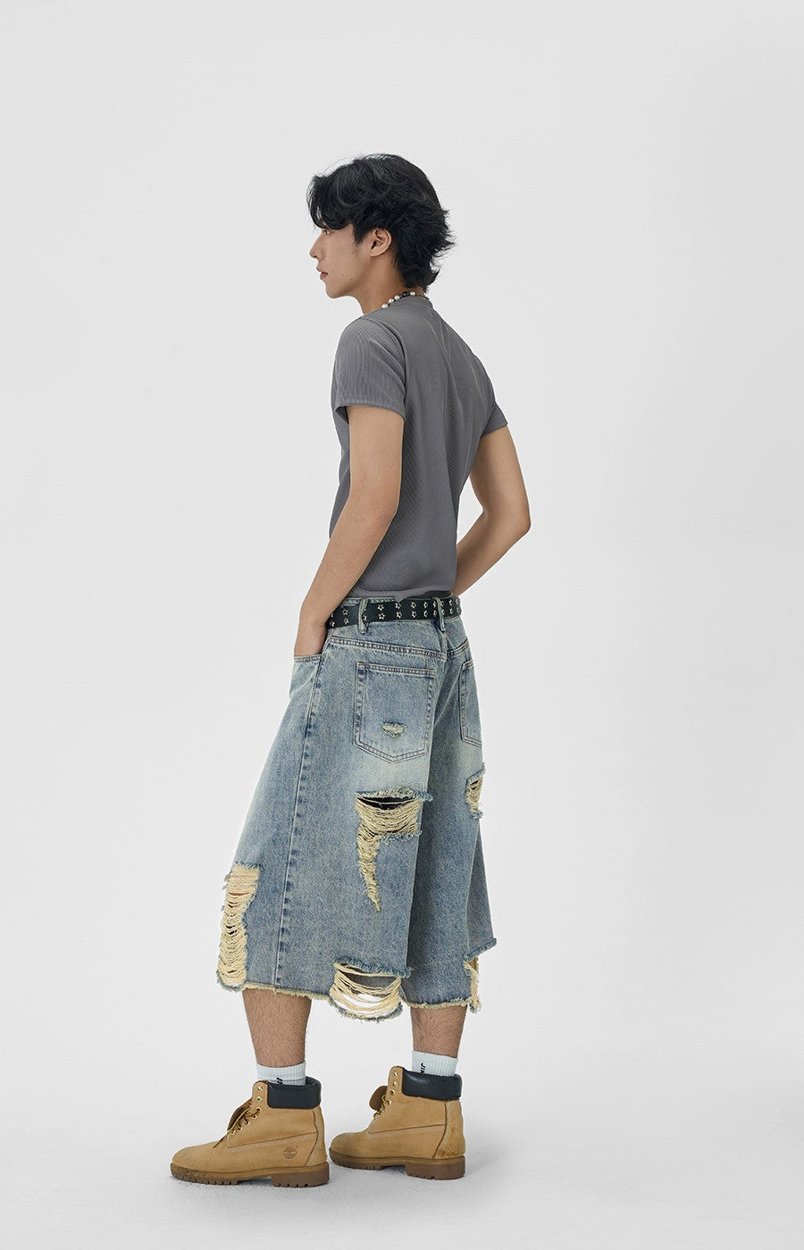 Distressed Wide Leg Denim Capri Cut Shorts