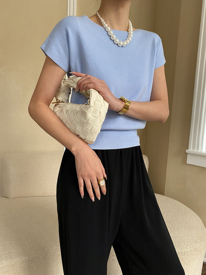 French Simplicity Raglan Sleeve Short Sleeved Sweater Top Bottoming Shirt Early Spring