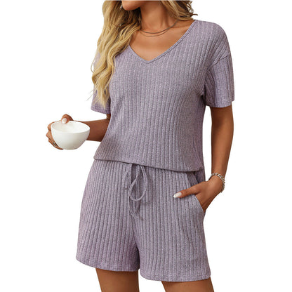 Clothing Summer Color Rib Fabric Short Sleeved Two Piece Pant Sets