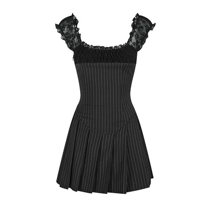 Pinstripe Lace-trim Mini Dress - Cap Sleeve Square Neck Fit and Flare Cocktail Dress