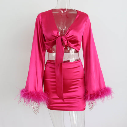 Satin Set Feather V Neck Patchwork Lace Up Short Top Hip Skirt Slit Pants