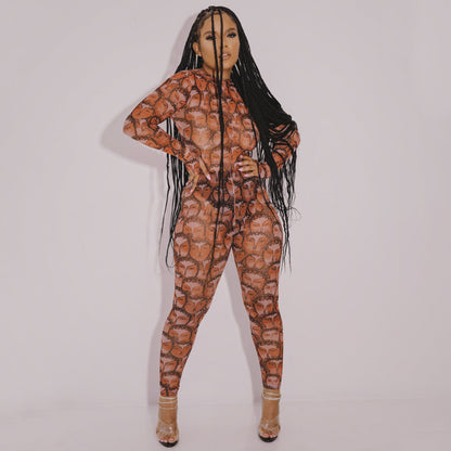 Autumn Winter Personality Printed See Through Jumpsuit