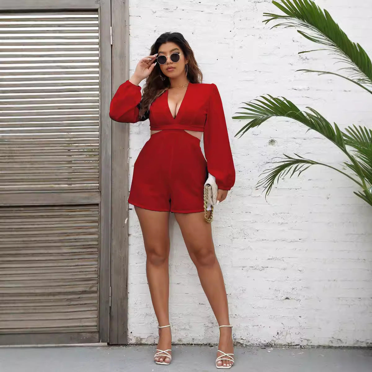 V Neck Lace Up Long Sleeved Jumpsuit Autumn Cutout Shorts