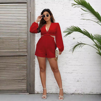 V Neck Lace Up Long Sleeved Jumpsuit Autumn Cutout Shorts