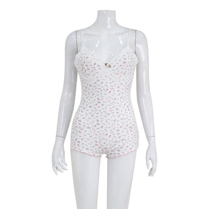 Summer Strap V Neck Lace Edge Stitching Jumpsuit Fresh Home
