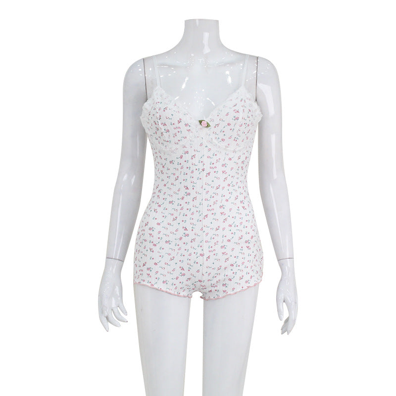 Summer Strap V Neck Lace Edge Stitching Jumpsuit Fresh Home