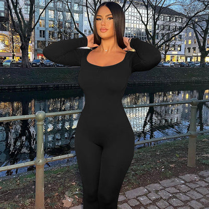 Winter Color Square Collar Pleated Long Sleeve Slim Fit Sports Yoga Jumpsuit