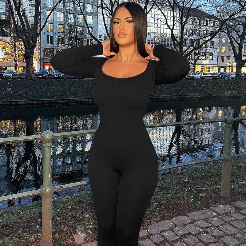 Winter Color Square Collar Pleated Long Sleeve Slim Fit Sports Yoga Jumpsuit