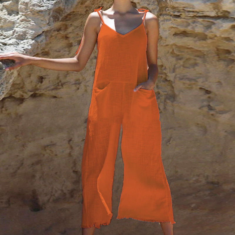 Popular Clothing Summer Color Sling Slub Linen Jumpsuit