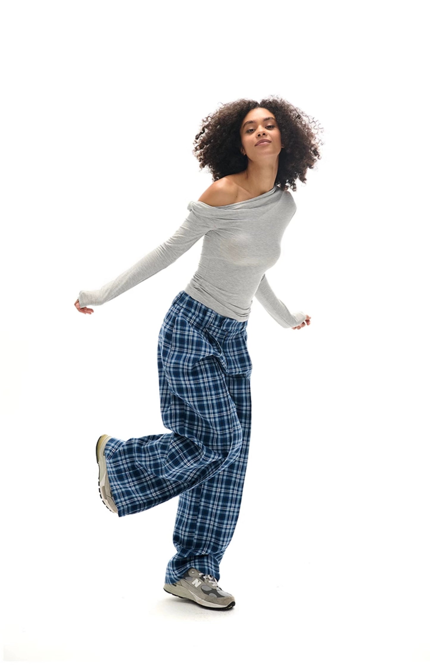Wide-leg Plaid Pants