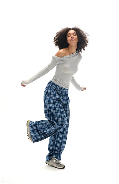 Wide-leg Plaid Pants