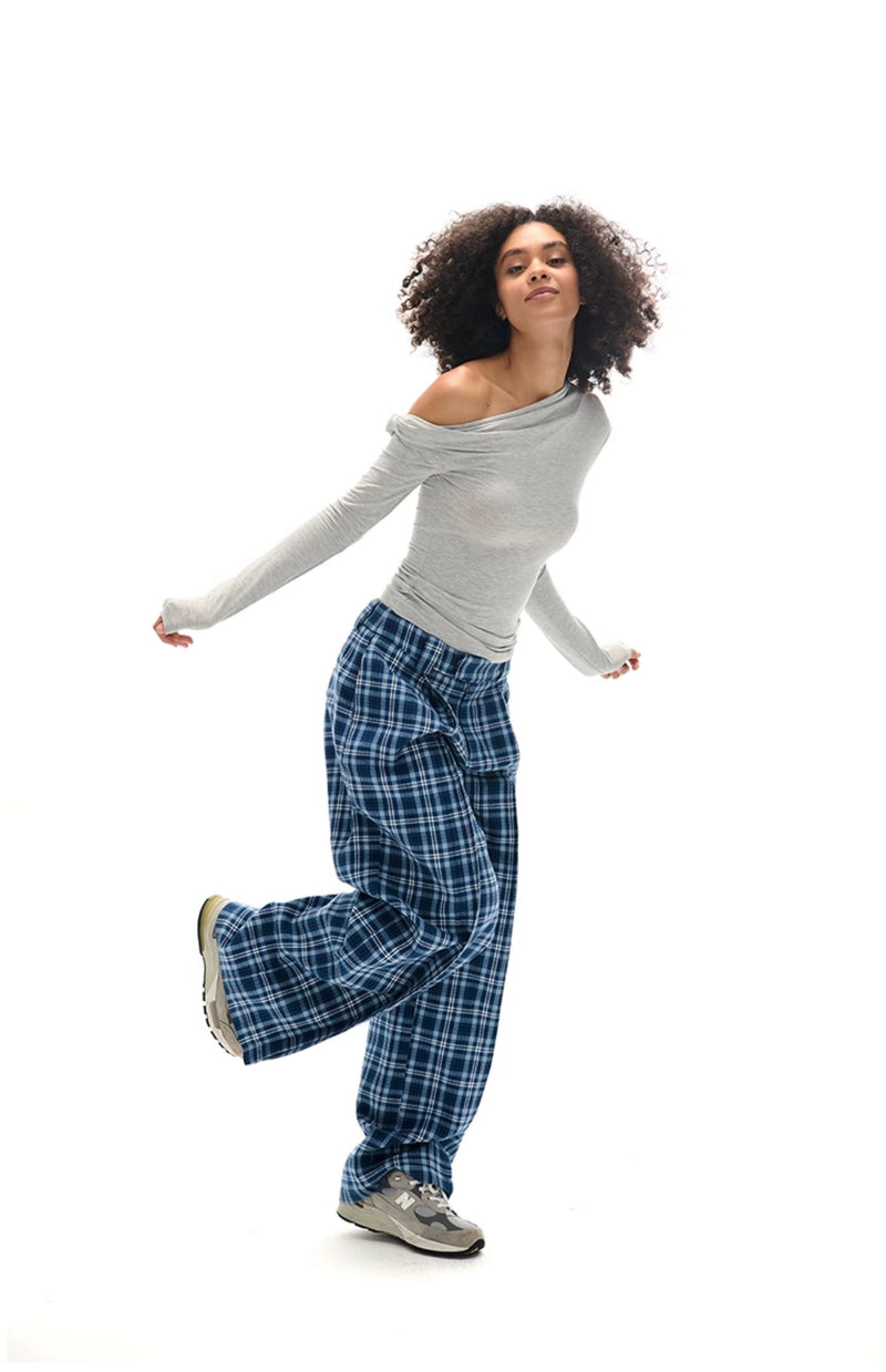 Wide-leg Plaid Pants