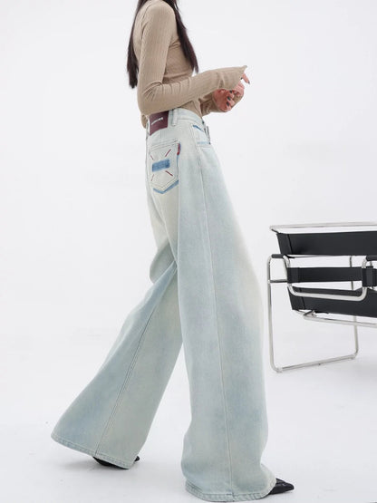 Light Blue Loose Straight Wide-leg Denim Pants With Embroidery Design