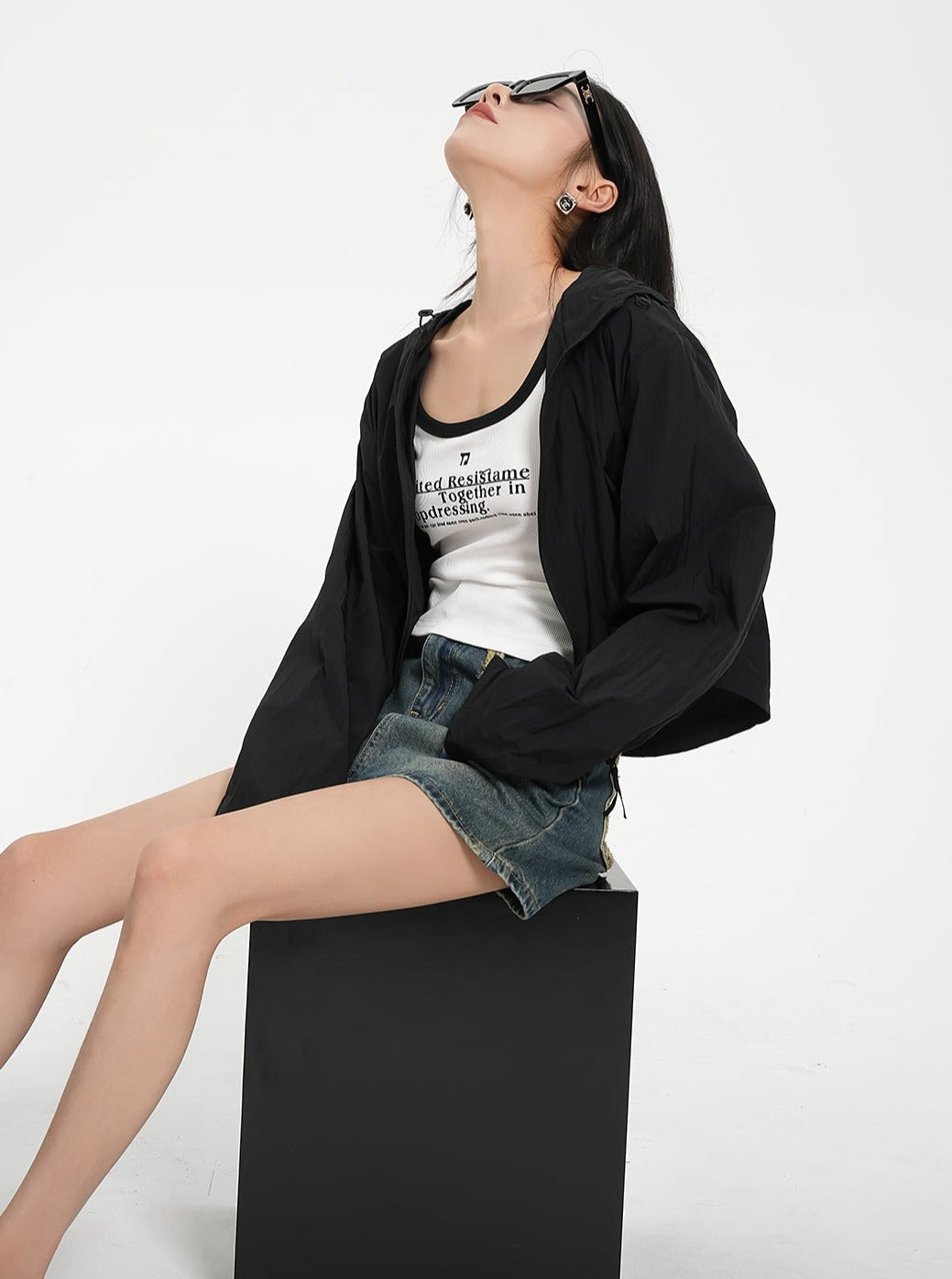 Textured Contrast Duo: Ivory Puff-sleeve Crop Blouse & Black Quilted Bomber Jacket Set