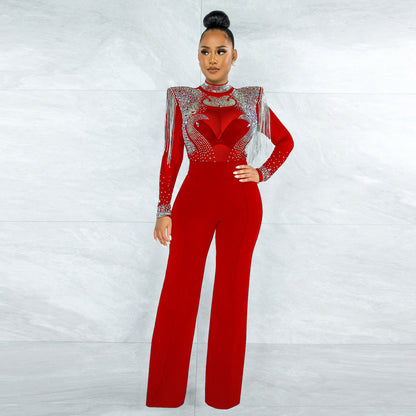 Slim Fit Turtleneck See Through Rhinestone Tassel Jumpsuit