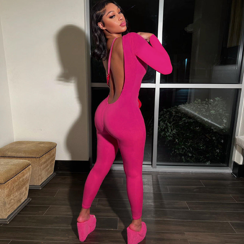 Backless Color Long Sleeve Jumpsuit Fall Slim Fit Sports Bottoming Clothing