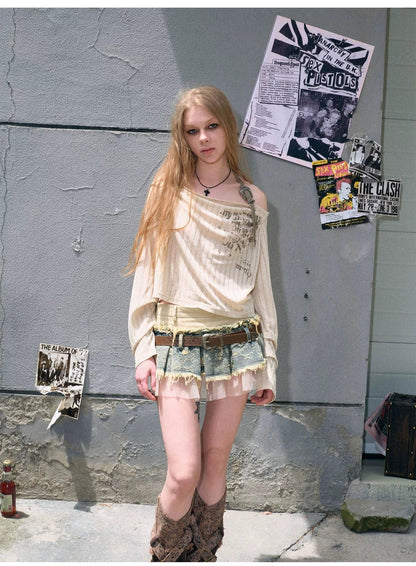 Cest Nous Layered Denim Mini Skirt - Distressed Patchwork Skirt With Belt