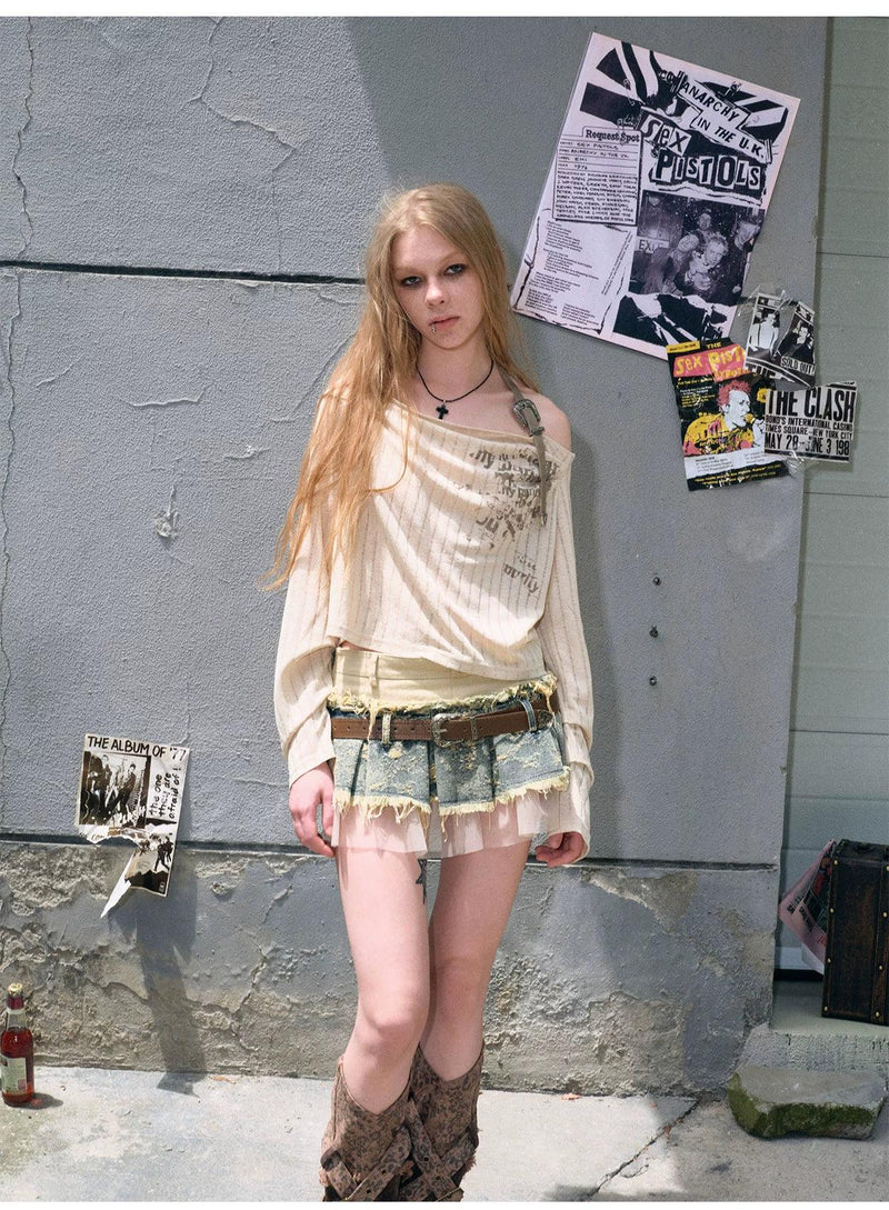 Cest Nous Layered Denim Mini Skirt - Distressed Patchwork Skirt With Belt