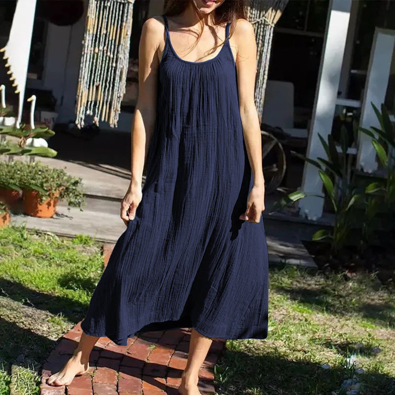 Cotton Cami Dress Summer Vacation Maxi Dress Loose Color Backless Double Layer Gauze Sleeveless Dress