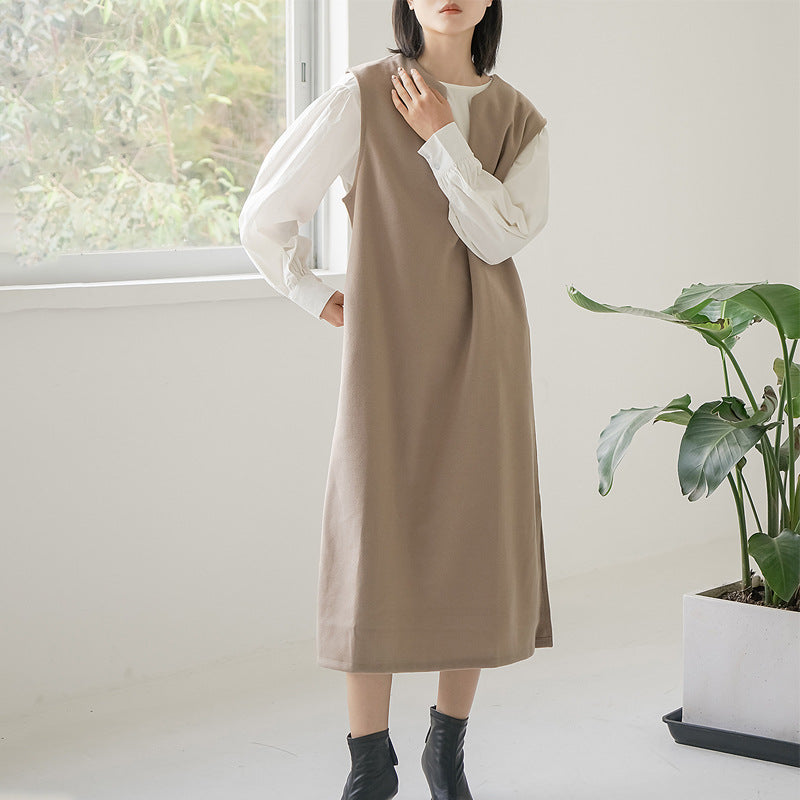 Real Shot Letian Autumn Winter 4 Color Woolen Coat V Neck Color Sleeveless Waistcoat Dress Outer Wear
