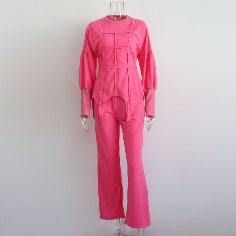Color Hoodie Sets Round Neck Pullover Top Split Straight Pants Two Piece Sets