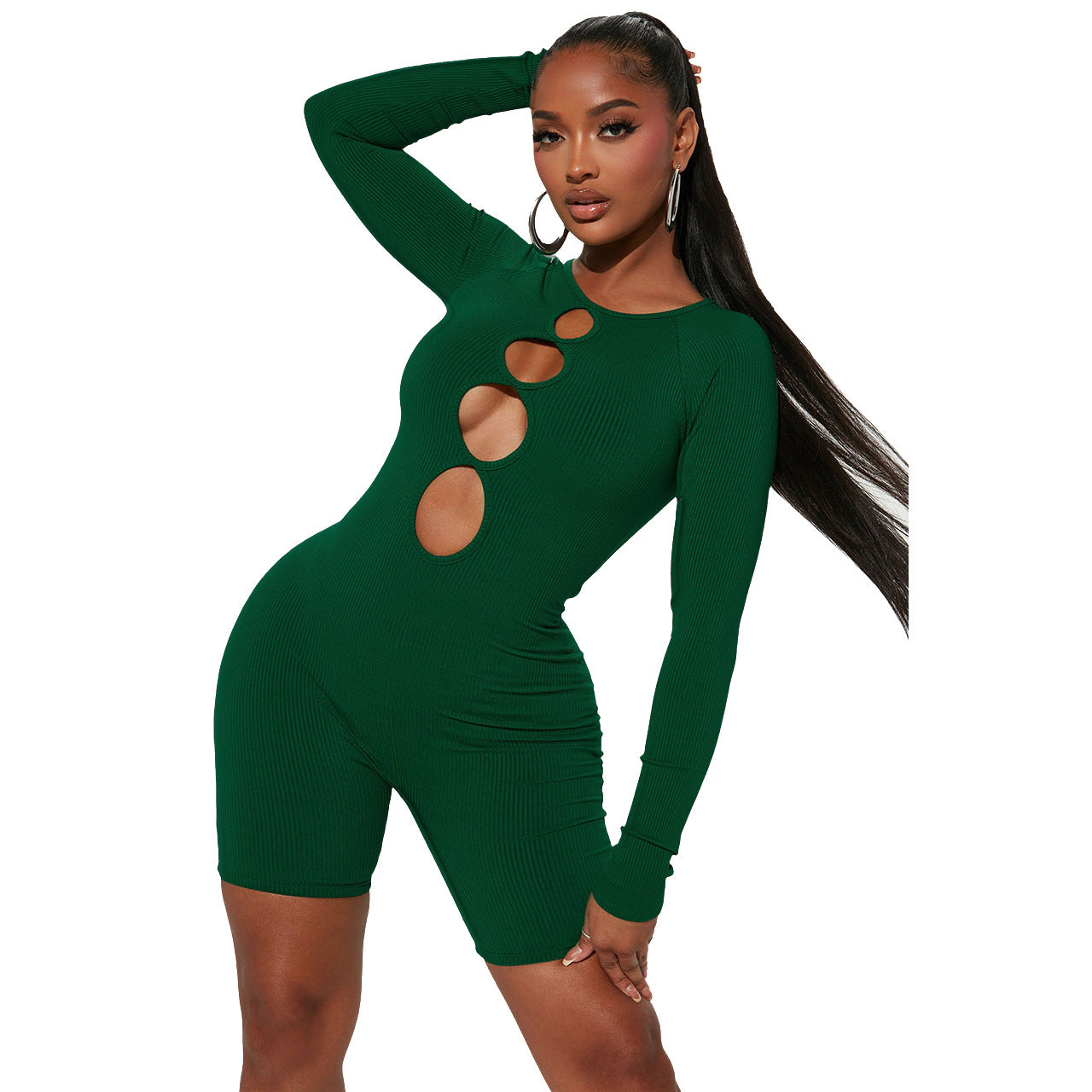 Clothing Spring Round Neck Thread Cutout Out Hip Raise Slim Fit Jumpsuit