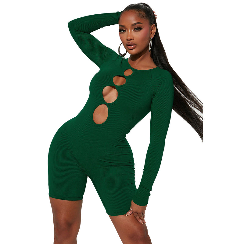 Clothing Spring Round Neck Thread Cutout Out Hip Raise Slim Fit Jumpsuit