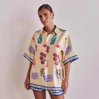 Summer Homewear Cartoon Collared Cardigan Short Sleeve Shorts Sets