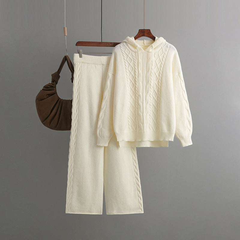 Autumn Winter Suit Hoodie With Drawstrings Loose Sweater Draping Wide Leg Trousers Twist Two Piece Suit