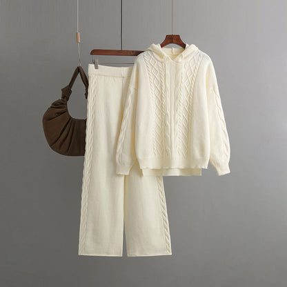 Autumn Winter Suit Hoodie With Drawstrings Loose Sweater Draping Wide Leg Trousers Twist Two Piece Suit