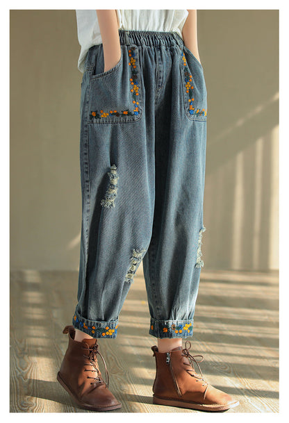Ripped Embroidered Denim Harem Pants Op1025