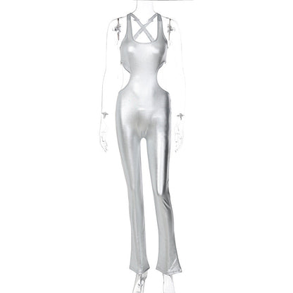 Metallic Coated Fabric Clothing Winter Color Faux Leather Cutout Backless Slim Fit Sling Jumpsuit