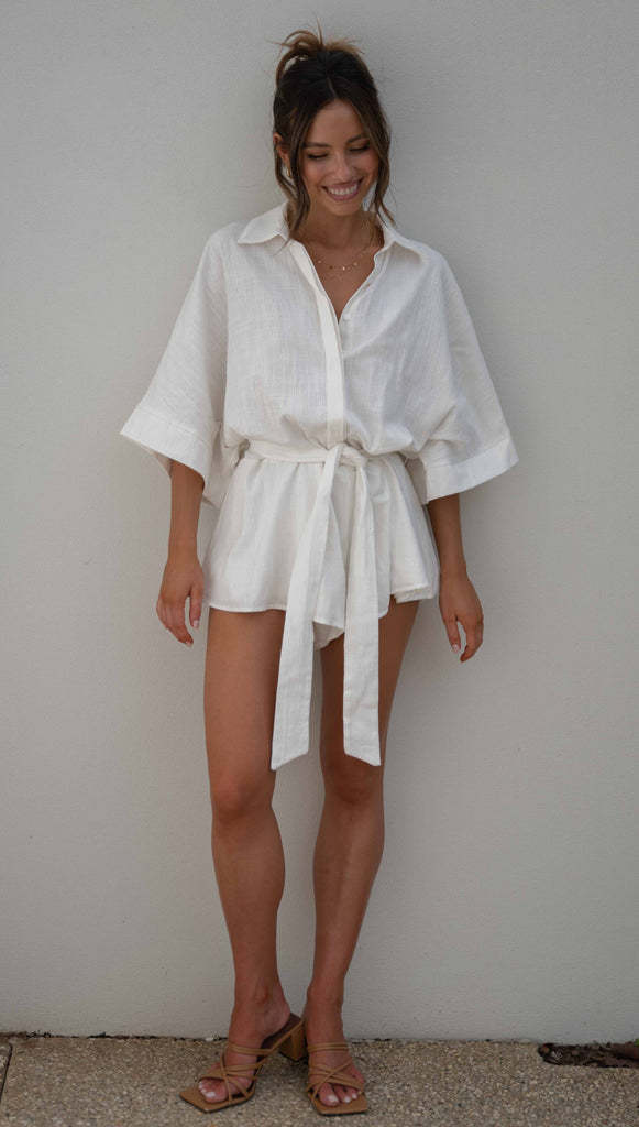 Clothing Polo Collar Mid Sleeve Waist Lace Up Loose Romper