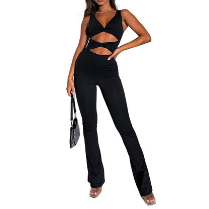 Clothing Color Slimming Hollow Out Cutout Twist One Piece Bell Bottom Pants Jumpsuits