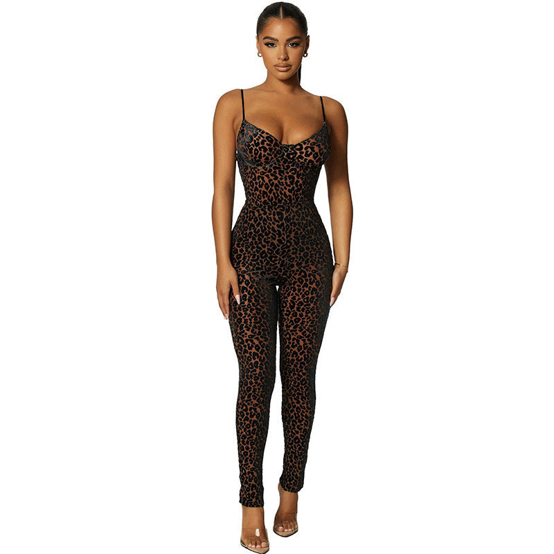 Summer Low Cut Sling Flocking Skinny Sheath Jumpsuit