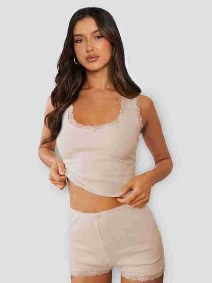 Lace Stitching Home Two Piece Slim Fit Sling High Waist Shorts Multi Color Suit