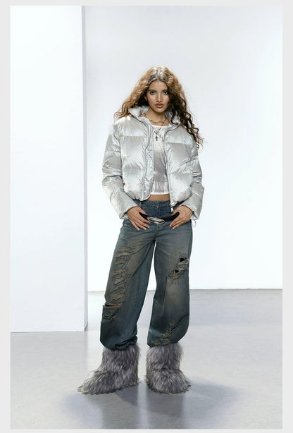 Strike a Pose Cropped Puffer Jacket - Pastel Quilted Down Coat With Zip Front and Ruched Pockets
