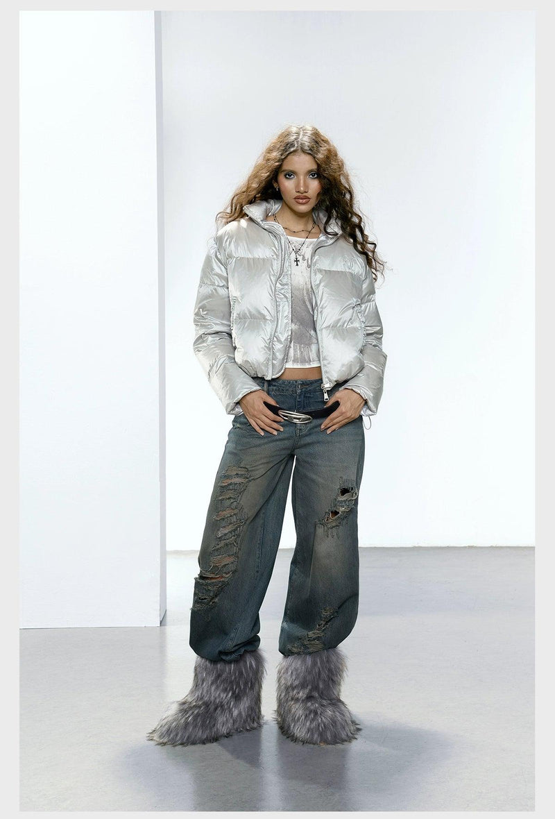 Strike a Pose Cropped Puffer Jacket - Pastel Quilted Down Coat With Zip Front and Ruched Pockets