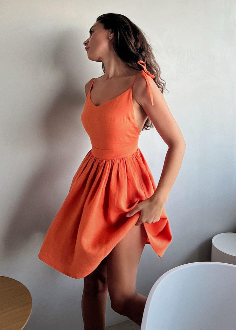 Midnight Grace - Tie-strap Linen Mini Dress
