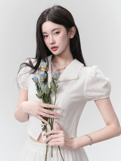 Ethereal Elegance Two-piece Set: Puff Sleeve Crop Blouse & Tiered Lace Midi Skirt - Pure White