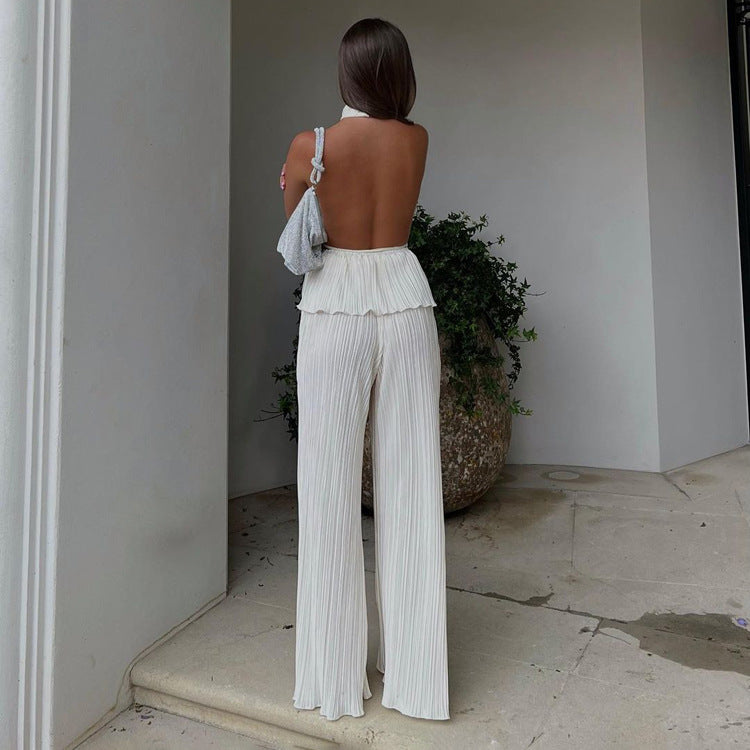 Halter Backless Sleeveless Vest White Pleated High Waist Wide Leg Pants Suit for Textured