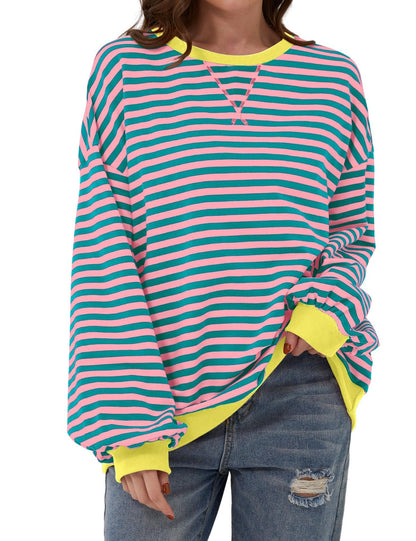 Striped Round Neck Loose Long-sleeved Sweatshirt