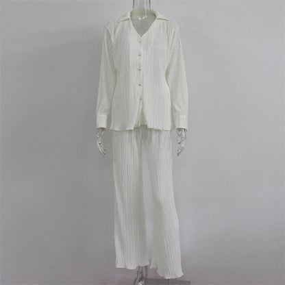 Summer Suit Clothing Pleated Long Sleeve V Neck Shirt Pants Two Piece Set