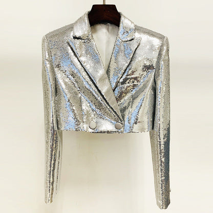 Metallic Coated Fabric Goods Personality Bling Bling Shiny Sequ Short Suit Mid Length Skirt Set Two Piece Set