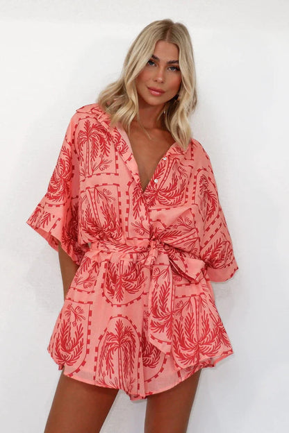 Summer Waist Controlled Lace Up Geometric Abstract Printed Jumpsuit Amplified Craft