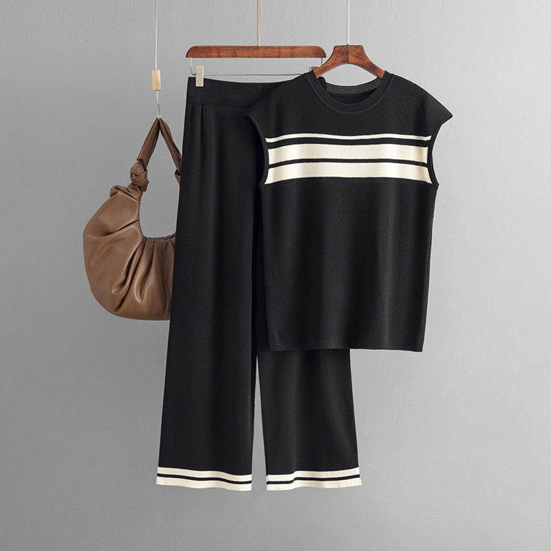 Suit Loose Contrast Color Striped Sleeveless Top High Waist Wide Leg Pants Two Piece Set